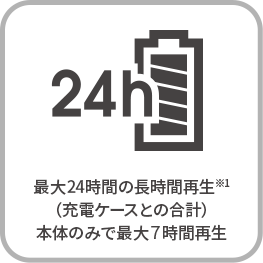 最大24時間の長時間再生※1 （充電ケースとの合計） 本体のみで最大7時間再生