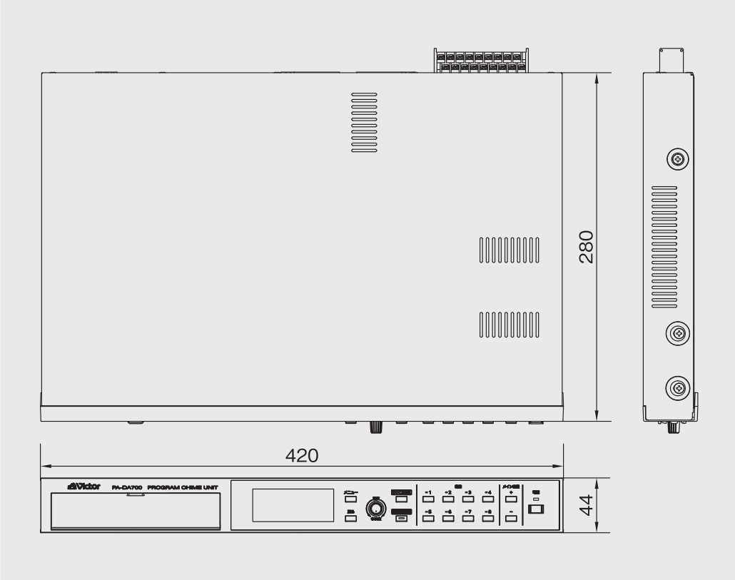 PA-DA700の外形寸法図です。外形寸法は、幅420mm×高さ44mm×奥行280mm（突起部含まず）です。