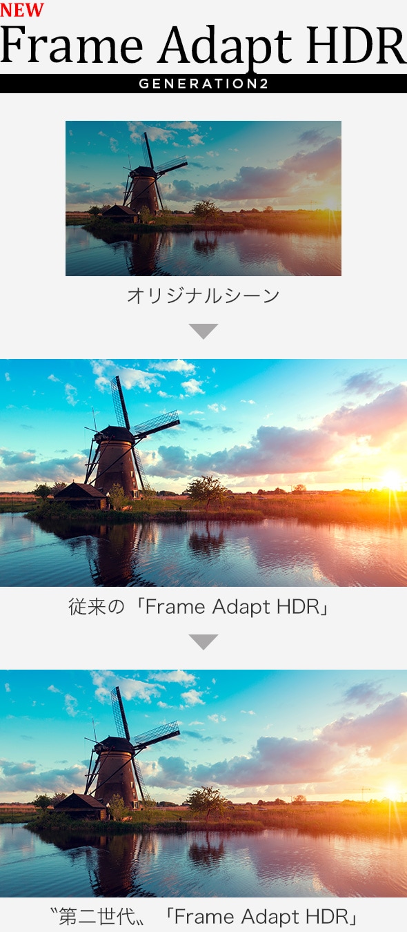 NEW Frame Adapt HDR GENERATION2 オリジナルシーン→従来の「Frame Adapt HDR」→”第二世代”「Frame Adapt HDR」